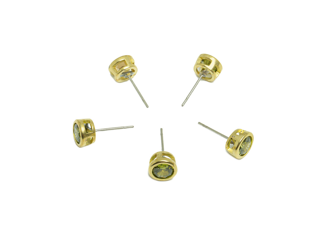 D-Peridot (CZ-16) Zircon Earring Stud - Raw Brass Round CZ Earring Post - Cubic Zircon Earring Post - 16.6x7.68x5.5mm - PP9682L - DOMEDBAZAAR