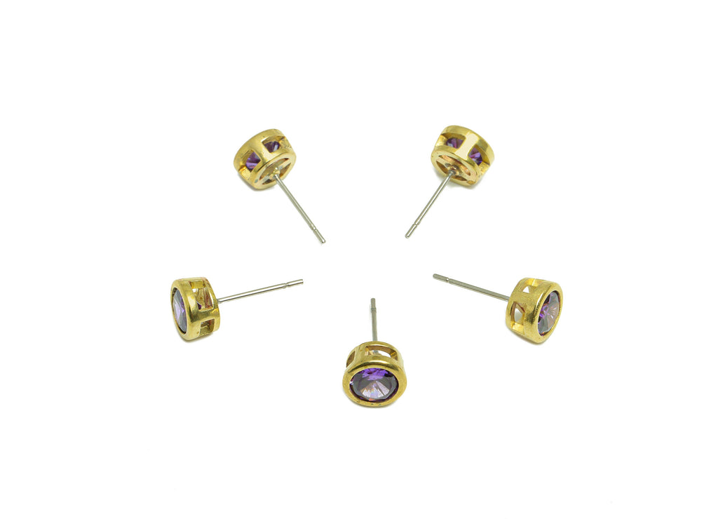 D-Amethyst(CZ-10) Zircon Earring Stud - Raw Brass Round CZ Earring Post - Cubic Zircon Earring Post - 16.6x7.68x5.5mm - PP9682T - DOMEDBAZAAR