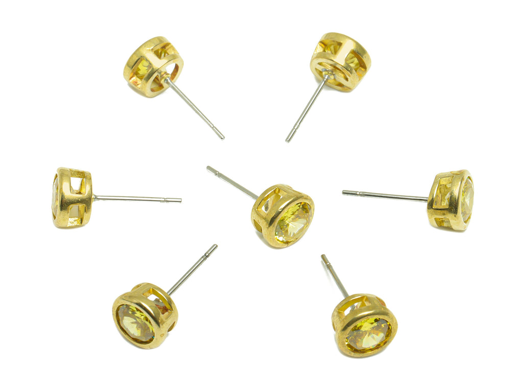 Golden (CZ-05) Zircon Earring Stud - Raw Brass Round CZ Earring Post - Cubic Zircon Earring Post - 16.6x7.68x5.5mm - PP9682M - DOMEDBAZAAR