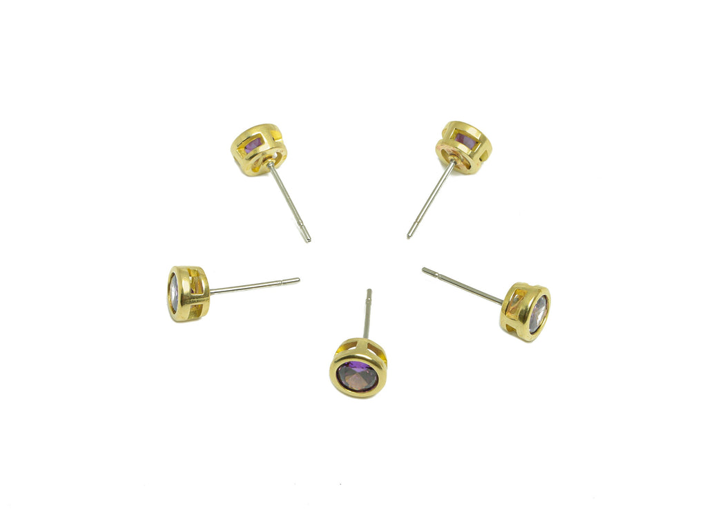 Deep Amethyst (CZ-10) Zircon Earring Stud - Raw Brass Minimalist CZ Earring Post - Cubic Zircon Earring Post - 16.04x6.6x4.4mm - PP9838K - DOMEDBAZAAR