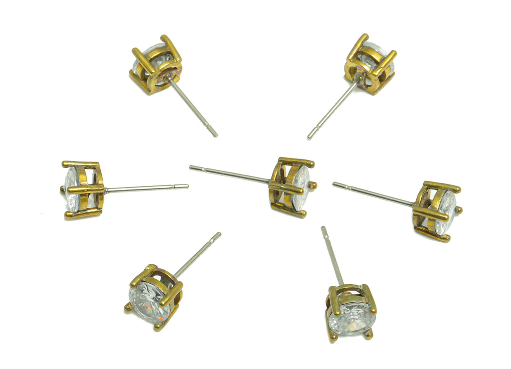 6mm CZ Minimalist Earring  - Raw Brass Antique Bronze CZ Earring Post - Cubic Zircon Earring Post - Stainless Steel Stud - 16x6x4mm-PP9890-6 - DOMEDBAZAAR