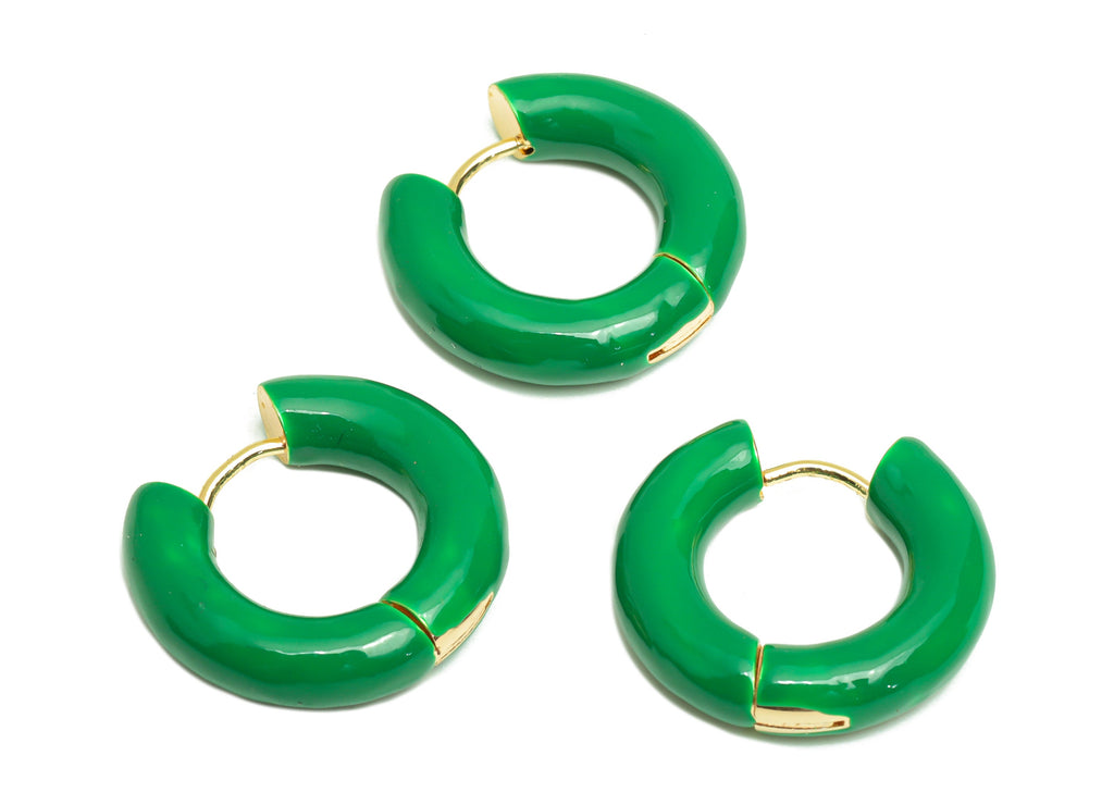 Stainless Steel Circle Earring Clasps - Green Enamel Thick Hoop Earring -Huggie Hoop Clasp-18K Real Gold Plating - 23x23x5.4mm - RGP5888BB - DOMEDBAZAAR
