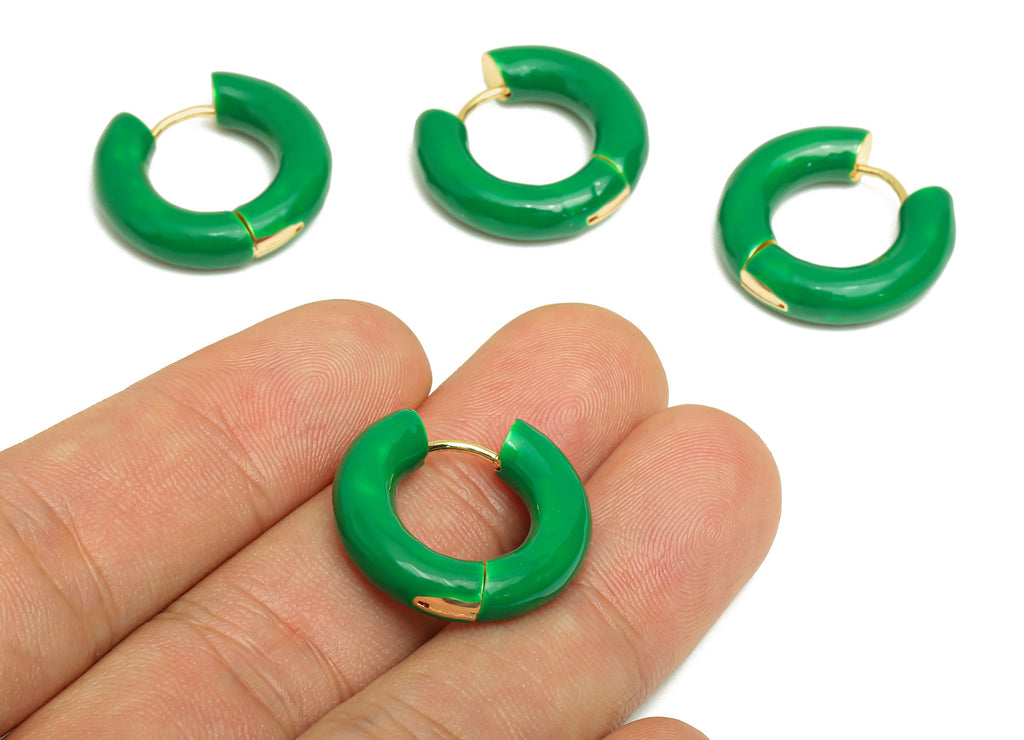 Stainless Steel Circle Earring Clasps - Green Enamel Thick Hoop Earring -Huggie Hoop Clasp-18K Real Gold Plating - 23x23x5.4mm - RGP5888BB - DOMEDBAZAAR