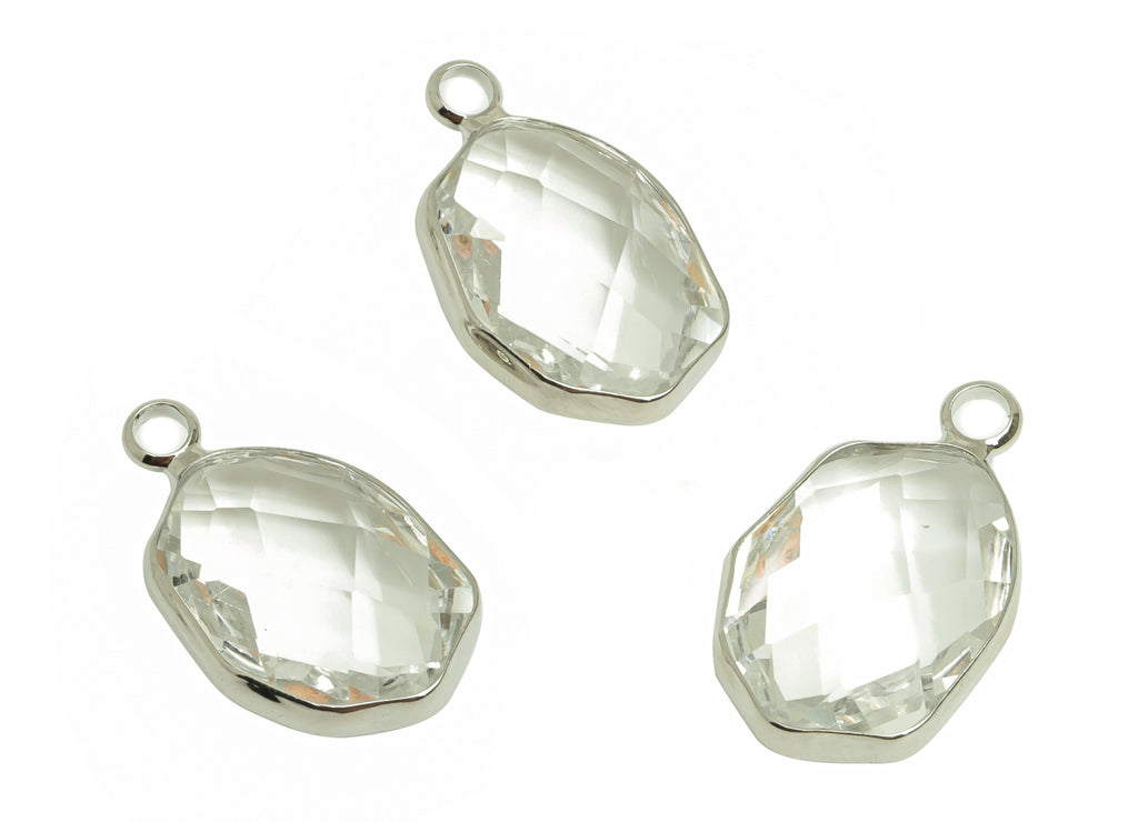Glass Oval Earring Charms - Brass Oval Pendant - Silver Tone Plated Brass - Jewelry Making Supplies - 20x12x6.5mm - GS1054B - DOMEDBAZAAR