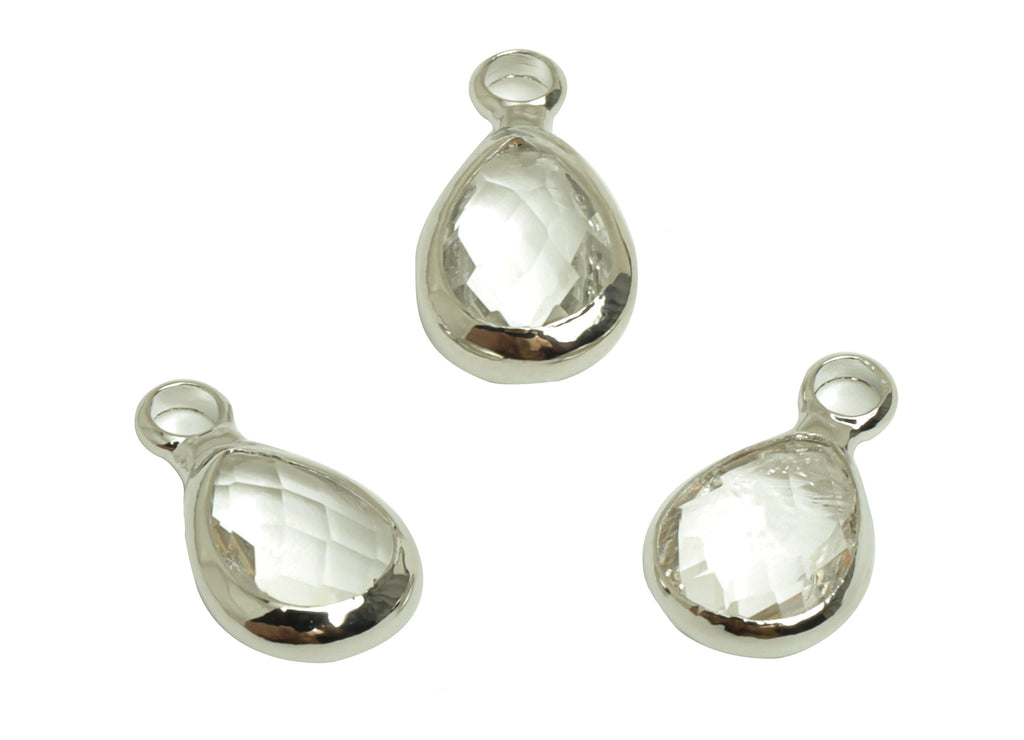 Glass Mini Drop Earring Charms - Brass Teardrop Frame Pendant - Silver Tone Plating Clear - Faceted Glass - 11.72x6.67x3.18mm - GS1068F - DOMEDBAZAAR