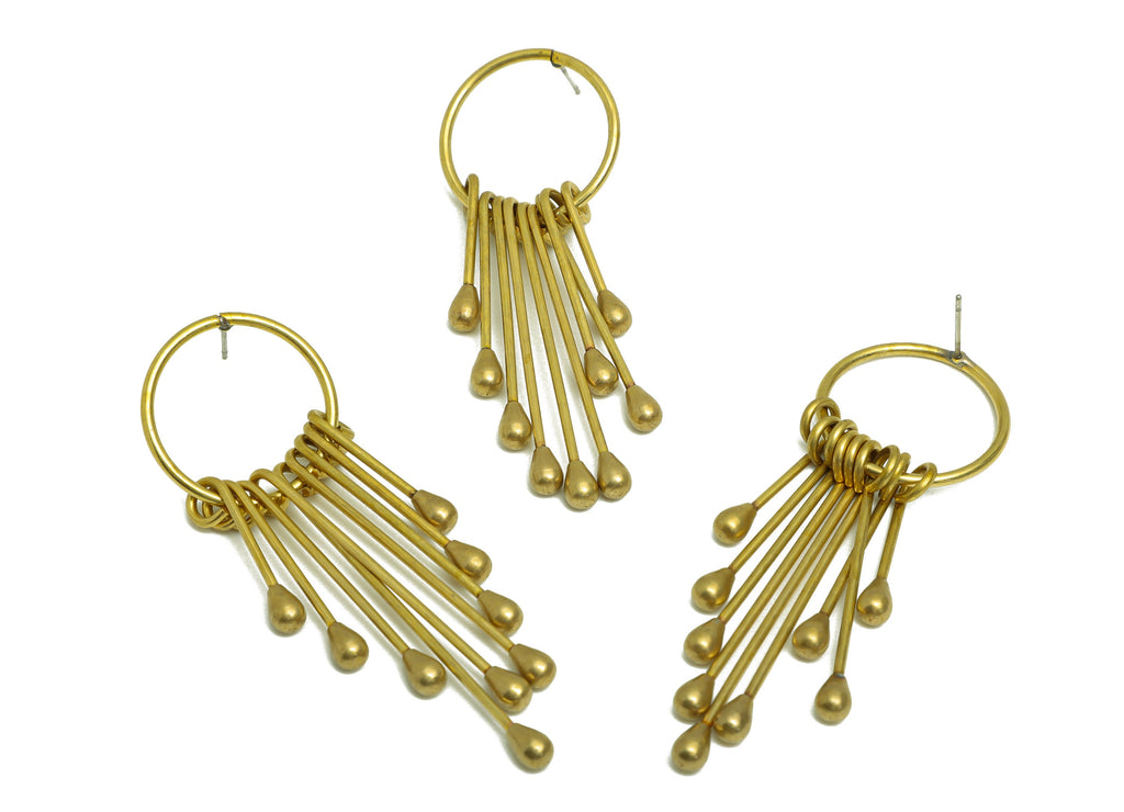 Hammered Wire Tassel Earring Post - Brass Textured Wire Drop Earring Stud - 9 Wire Earring Post - Dangle Tassel Post - 66x22x3.8mm - PP10398 - DOMEDBAZAAR