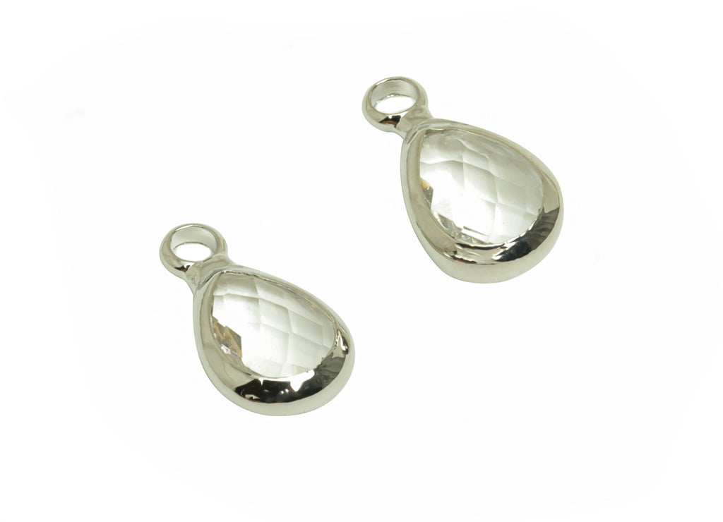Glass Mini Drop Earring Charms - Brass Teardrop Frame Pendant - Silver Tone Plating Clear - Faceted Glass - 11.72x6.67x3.18mm - GS1068F - DOMEDBAZAAR