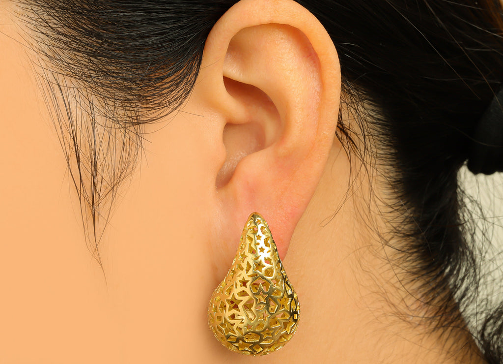 32mm Thick Drop Earring Stud - Raw Brass Heart Earring Post - Teardrop Star Earring Post - Hollow Teardrop Earring - 32x20x19mm - PP10515 - DOMEDBAZAAR