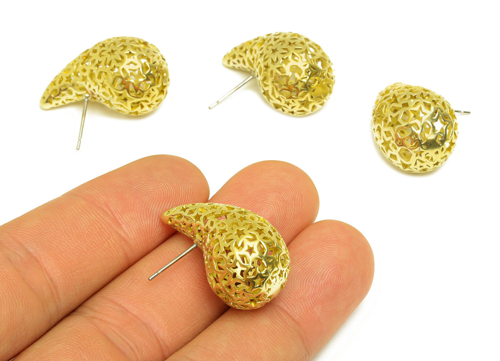 26mm Thick Drop Earring Stud - Raw Brass Heart Earring Post - Teardrop Geometry Earring Post - Hollow Teardrop Earring - 26x16x15mm -PP10516 - DOMEDBAZAAR