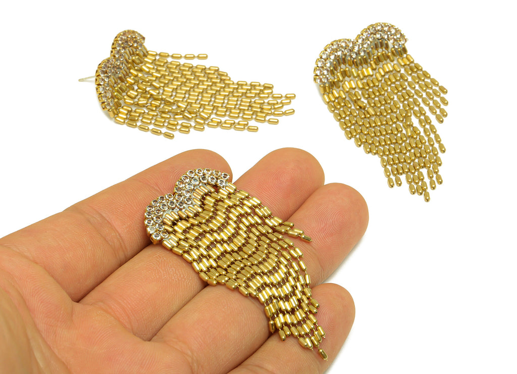 Brass Wing Tassel Earrings Stud - Raw Brass Zircon Earring Post - Brass Cubic Zircon Earring Post - Brass Dangle Post - 59x30x2mm - PP10489 - DOMEDBAZAAR
