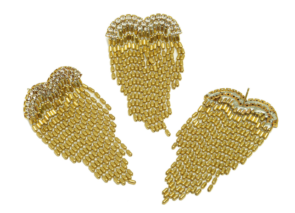 Brass Wing Tassel Earrings Stud - Raw Brass Zircon Earring Post - Brass Cubic Zircon Earring Post - Brass Dangle Post - 59x30x2mm - PP10489 - DOMEDBAZAAR