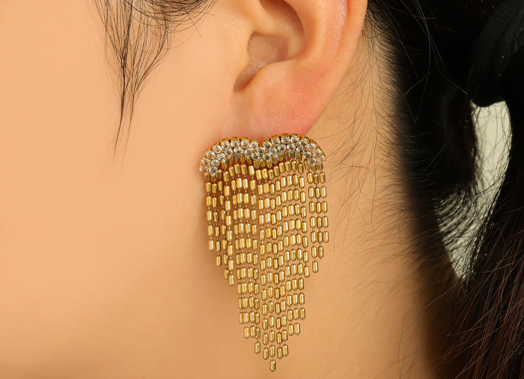 Brass Wing Tassel Earrings Stud - Raw Brass Zircon Earring Post - Brass Cubic Zircon Earring Post - Brass Dangle Post - 59x30x2mm - PP10489 - DOMEDBAZAAR