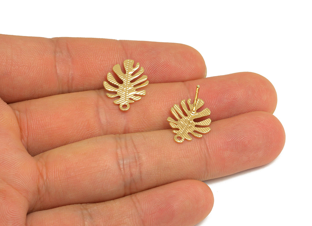 Brass Leaf Earring Post - Brass Textured Leaf Earring Stud - Monstera Earring Post With Hole - 18K Real Gold Plating - 19x13x1mm - RGP6769 - DOMEDBAZAAR