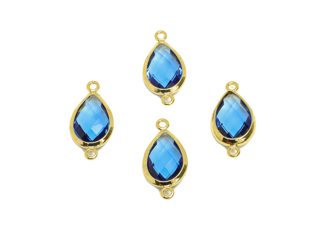 Brass Teardrop Connector - Brass Faceted Glass Earring Charm - Brass Royal Blue Glass Connector - 18K Real Gold Plating - 19x9x4mm -RGP6920C - DOMEDBAZAAR