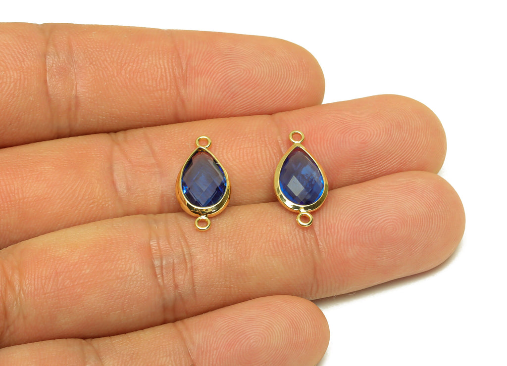 Brass Teardrop Connector - Brass Faceted Glass Earring Charm - Brass Royal Blue Glass Connector - 18K Real Gold Plating - 19x9x4mm -RGP6920C - DOMEDBAZAAR