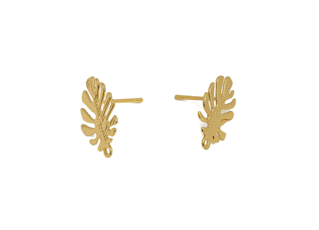 Brass Leaf Earring Post - Brass Textured Leaf Earring Stud - Monstera Earring Post With Hole - 18K Real Gold Plating - 19x13x1mm - RGP6769 - DOMEDBAZAAR