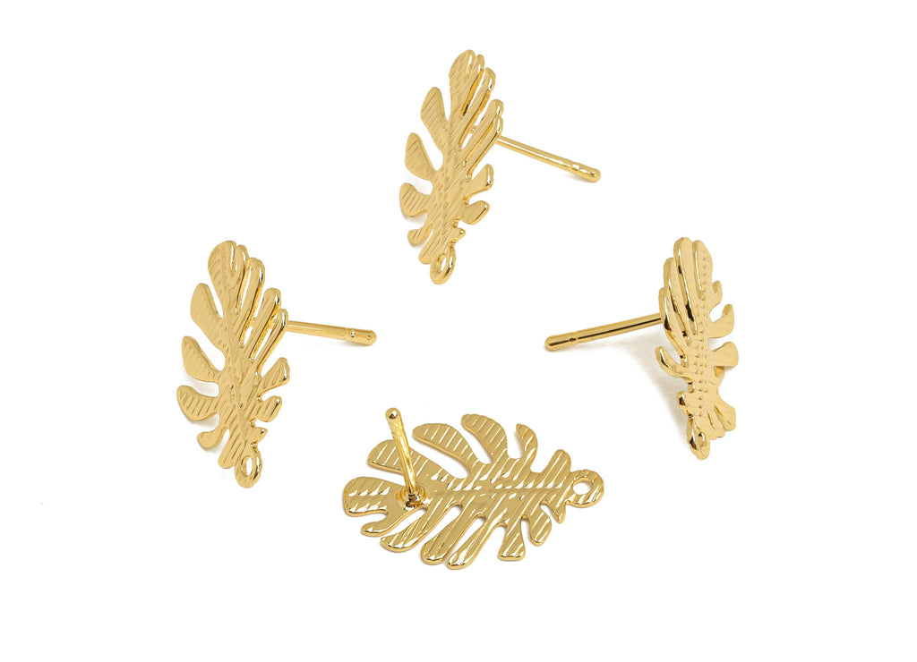 Brass Leaf Earring Post - Brass Textured Leaf Earring Stud - Monstera Earring Post With Hole - 18K Real Gold Plating - 19x13x1mm - RGP6769 - DOMEDBAZAAR
