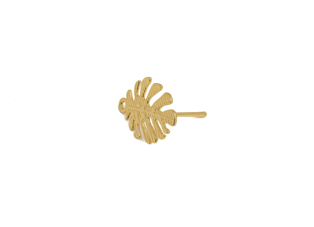 Brass Leaf Earring Post - Brass Textured Leaf Earring Stud - Monstera Earring Post With Hole - 18K Real Gold Plating - 19x13x1mm - RGP6769 - DOMEDBAZAAR