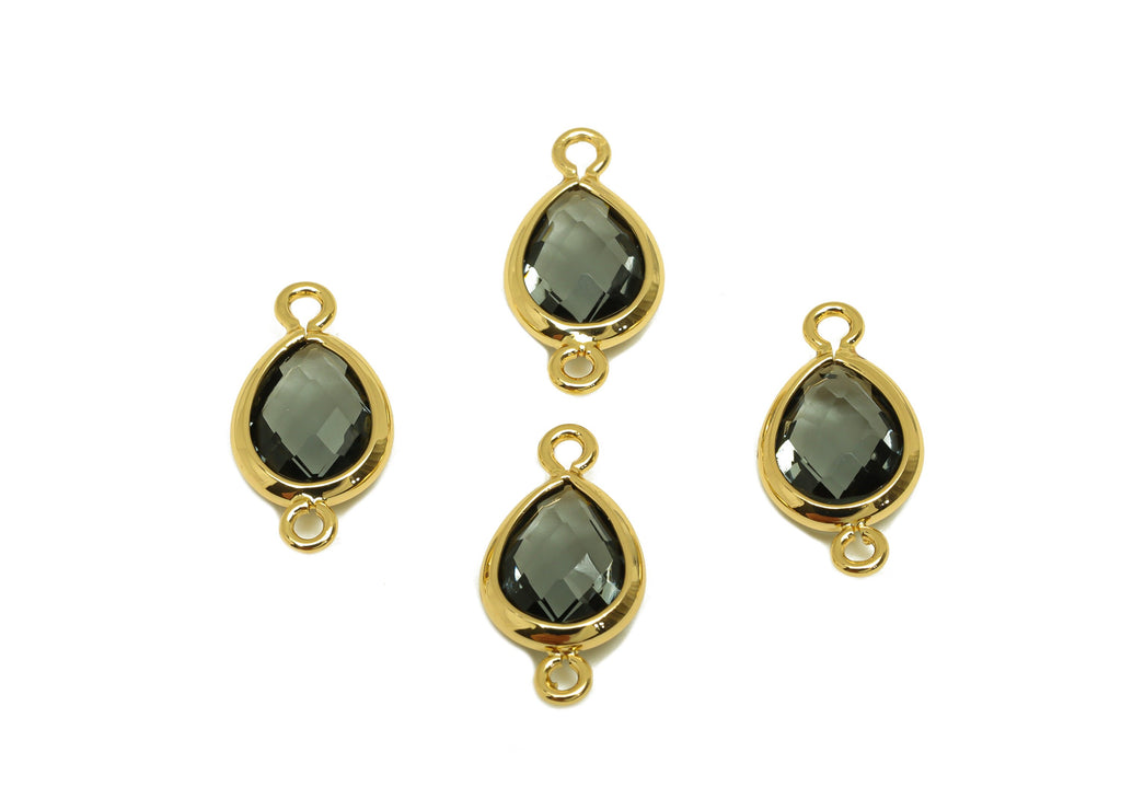 Brass Teardrop Connector - Brass Faceted Glass Earring Charm - Transparent Black Earring Charm - 18K Real Gold Plated - 14x6x2mm - RGP6922Y - DOMEDBAZAAR