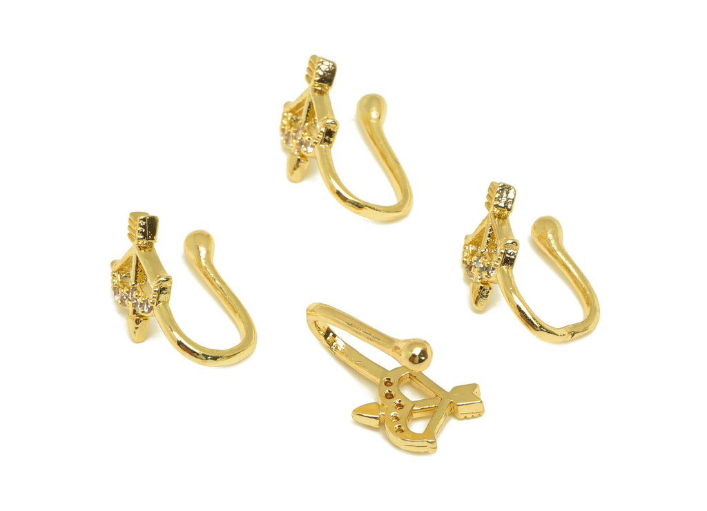 Brass Cuff Earring - Brass Bow Arrow Wire Hook Earring - Zircon Arrow Nose Clip - Cuff Earring - 18K Real Gold Plating - 11x6x6mm - RGP7110 - DOMEDBAZAAR