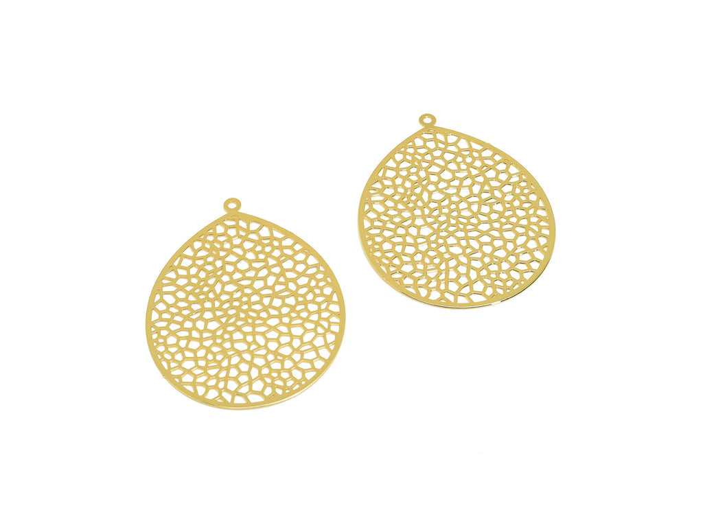 Brass Teardrop Charm - Brass Hollow Textured Earring Charm - Brass Drop Pendant - 18K Real Gold Plating - 46.27x36.41x0.29mm - RGP7160 - DOMEDBAZAAR