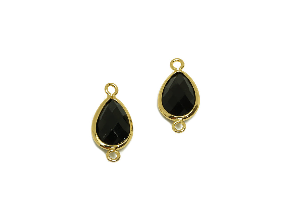Brass Teardrop Connector - Brass Faceted Glass Earring Charm - Brass Black Glass Connector - 18K Real Gold Plating - 19x9x4mm -RGP6920D - DOMEDBAZAAR