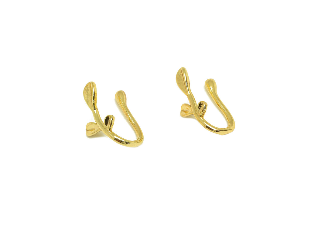 Brass Cuff Earring - Brass Textured Leaf Wire Hook Earring - Botanical Nose Clip - Cuff Earring - 18K Real Gold Plating - 12x6x6mm - RGP7114 - DOMEDBAZAAR