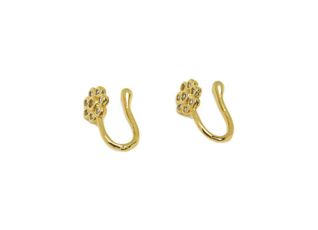 Brass Cuff Earring - Brass Zircon Flower Wire Hook Earring - Nose Clip - Brass Cuff Earring - 18K Real Gold Plating - 11x6x6.17mm - RGP7013 - DOMEDBAZAAR