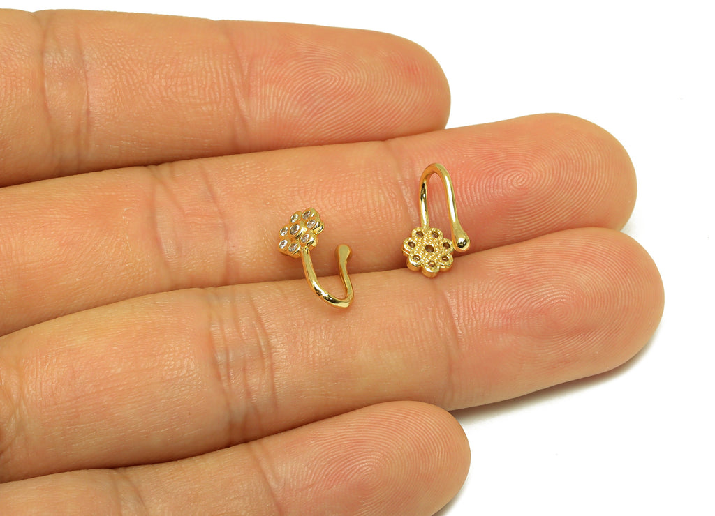 Brass Cuff Earring - Brass Zircon Flower Wire Hook Earring - Nose Clip - Brass Cuff Earring - 18K Real Gold Plating - 11x6x6.17mm - RGP7013 - DOMEDBAZAAR