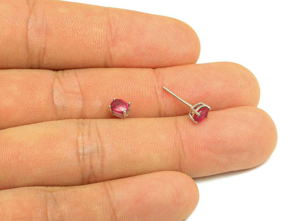 4X5mm Ruby Earring Post - Silver Oval Ruby Earring Stud - Natural Stone Post - Crystal Ruby Silver Earring Post - 14x4x0.6mm -RGP7346C - DOMEDBAZAAR