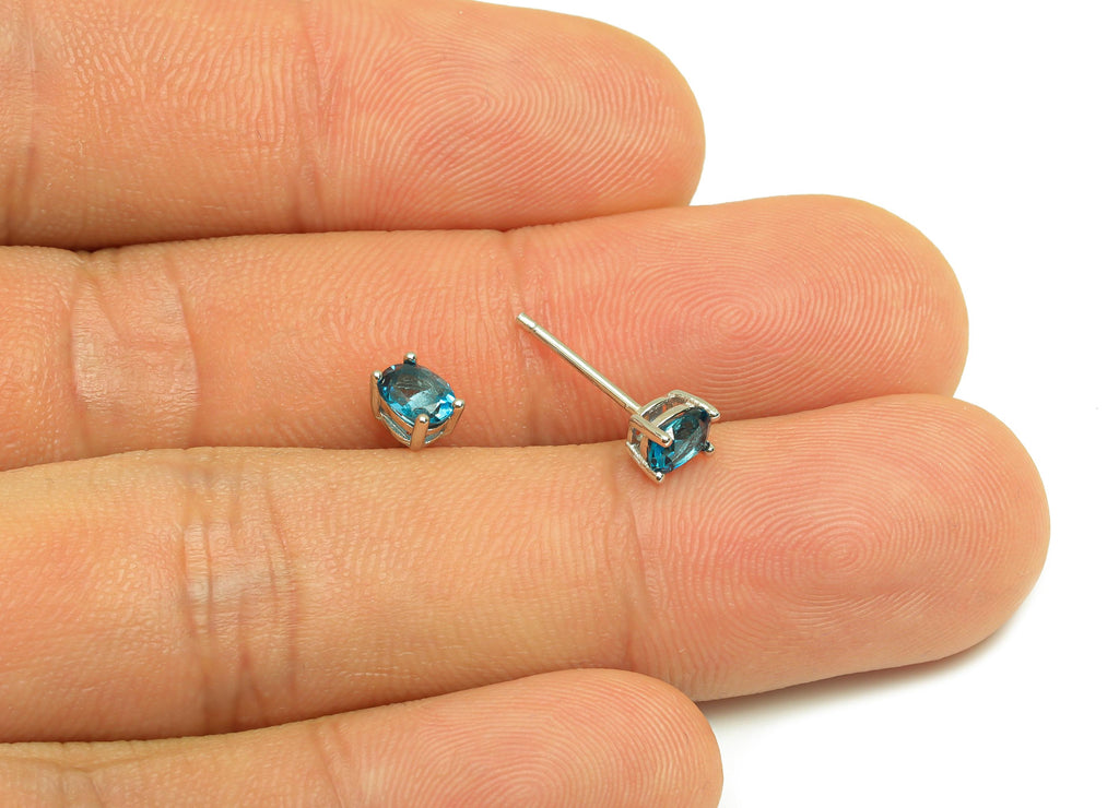 4X5mm Topaz London Blue Earring Post - Silver Oval Earring Stud - Natural Stone Post - Crystal Silver Earring Post - 14x4x0.6mm - RGP7346G - DOMEDBAZAAR