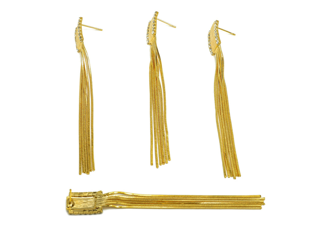 Brass Tassel Earring Stud - Brass Rectangle Earring Post - Zircon Snake Chain Tassel Post - 18K Real Gold Plated - 87x10x2.02mm - RGP7529 - DOMEDBAZAAR