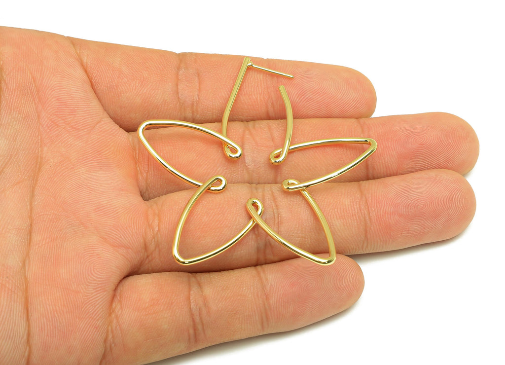 Brass Flower Earring Stud - Brass Flower Wire Earring Post - Brass Flower Earring Post - 18K Real Gold Plated - 57.64x52.2x1.4mm - RGP7842 - DOMEDBAZAAR