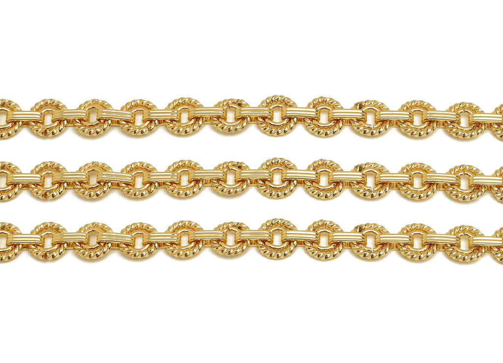 Brass Handmade Rings Chain - Brass Textured Open Link Chian - Brass Beaded Hoop Chain - Handmade Chain - 18K Real Gold Plated - RGP7292 - DOMEDBAZAAR