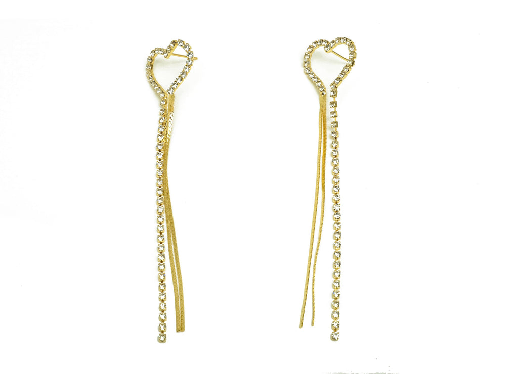 Brass CZ Earring Tassel Stud - Heart Dangle Tassel Earring - Snake Chain Zircon Earring Post - 18K Real Gold Plating - 96x20x2mm - RGP7542 - DOMEDBAZAAR