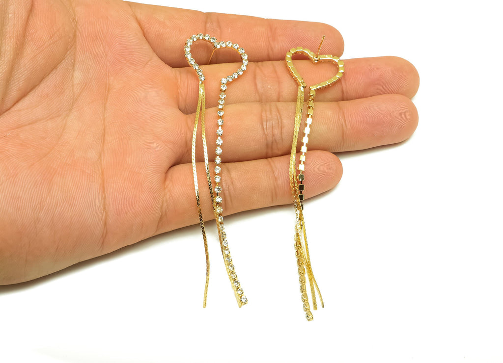 Brass CZ Earring Tassel Stud - Heart Dangle Tassel Earring - Snake Chain Zircon Earring Post - 18K Real Gold Plating - 96x20x2mm - RGP7542 - DOMEDBAZAAR