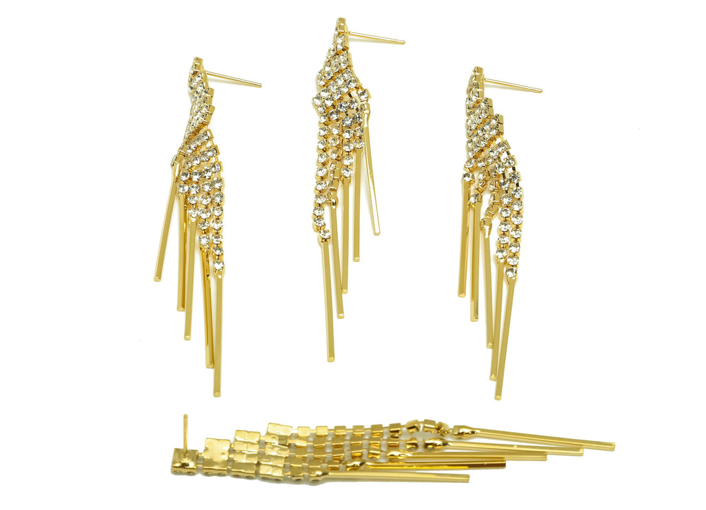 Brass CZ Earring Tassel Stud - Stick Dangle Tassel Earring - Brass Bar Zircon Earring Post - 18K Real Gold Plating - 74.96x10x2mm - RGP7550 - DOMEDBAZAAR