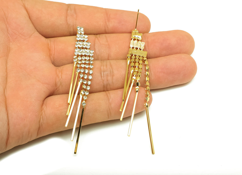 Brass CZ Earring Tassel Stud - Stick Dangle Tassel Earring - Brass Bar Zircon Earring Post - 18K Real Gold Plating - 74.96x10x2mm - RGP7550 - DOMEDBAZAAR