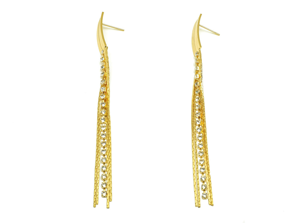 Brass CZ Earring Tassel Stud - Rectangle Tassel Earring - Brass Chain Zircon Earring Post - 18K Real Gold Plating - 100.8x 8x1mm - RGP7545 - DOMEDBAZAAR
