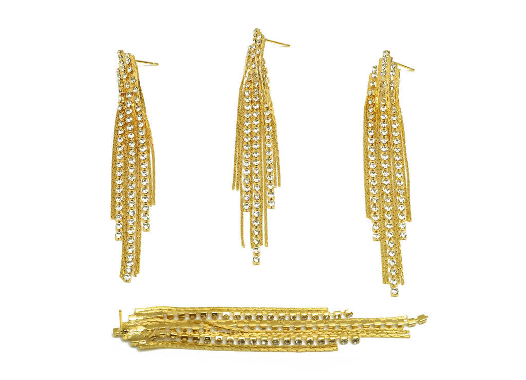 Brass CZ Earring Tassel Stud - Brass Tassel Earring - Brass Snake Chain Zircon Earring Post - 18K Real Gold Plating - 87.09x13x2mm - RGP7579 - DOMEDBAZAAR