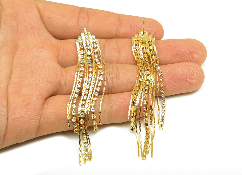 Brass CZ Earring Tassel Stud - Brass Tassel Earring - Brass Snake Chain Zircon Earring Post - 18K Real Gold Plating - 87.09x13x2mm - RGP7579 - DOMEDBAZAAR