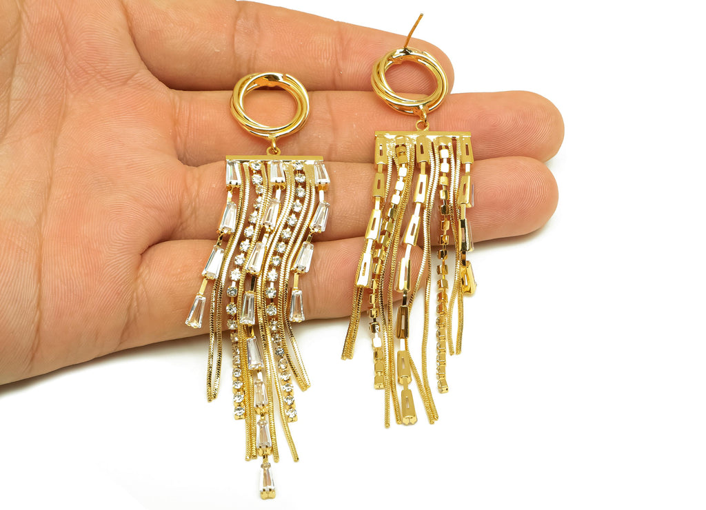 Brass CZ Earring Tassel Stud - Brass Geometry Tassel Earring - Snake Chain Zircon Earring Post - 18K Real Gold Plating -97x19x3mm - RGP7578 - DOMEDBAZAAR