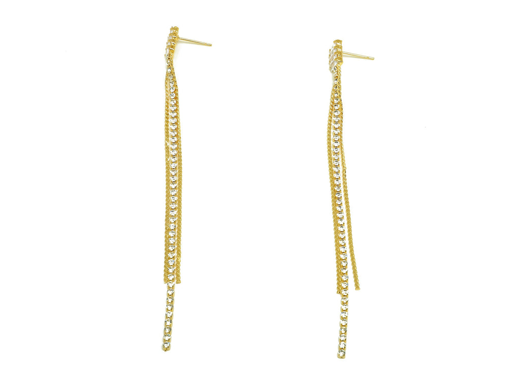 Brass CZ Earring Tassel Stud - Brass Tassel Chian Earring - Beaded Chain Zircon Earring Post - 18K Real Gold Plating -70x28x1.72mm -RGP7560 - DOMEDBAZAAR