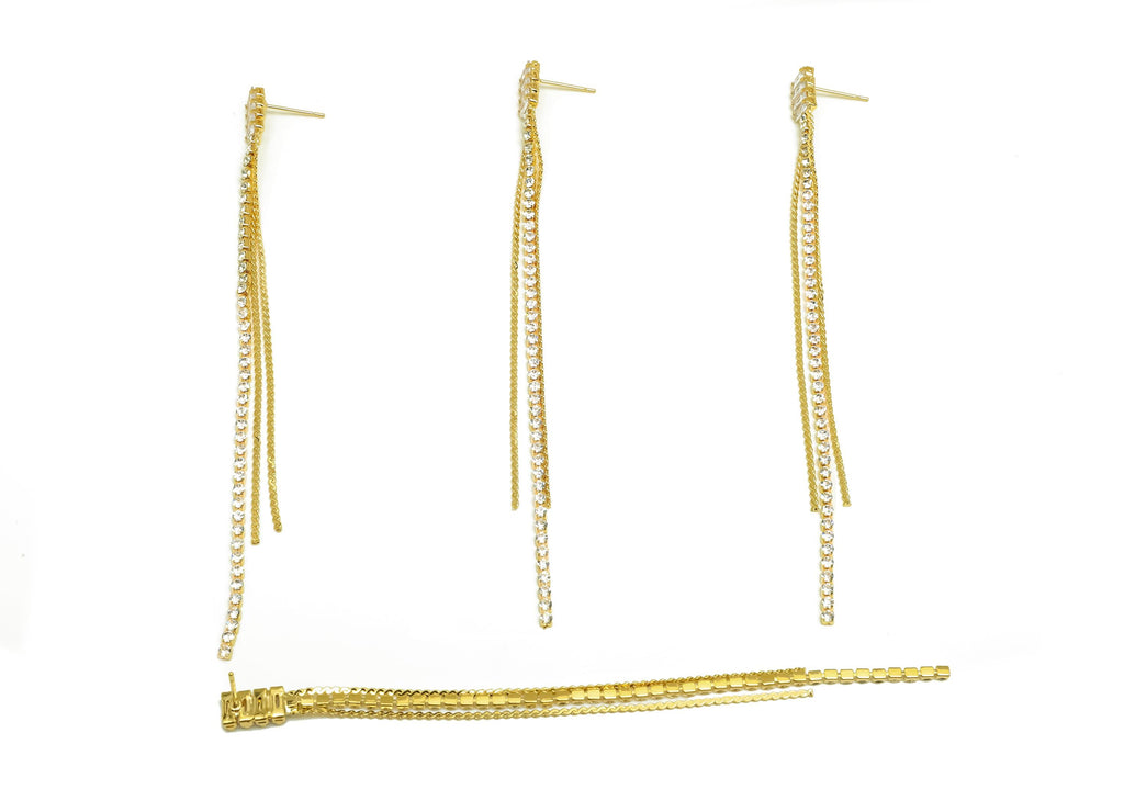 Brass CZ Earring Tassel Stud - Brass Tassel Chian Earring - Beaded Chain Zircon Earring Post - 18K Real Gold Plating -70x28x1.72mm -RGP7560 - DOMEDBAZAAR