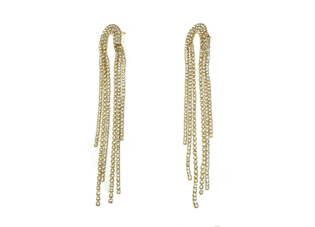 Brass CZ Earring Tassel Stud - Brass Bridge Tassel Earring - Cubic Zircon Earring Post - 18K Real Gold Plating - 121.48x20x2.14mm - RGP7558 - DOMEDBAZAAR