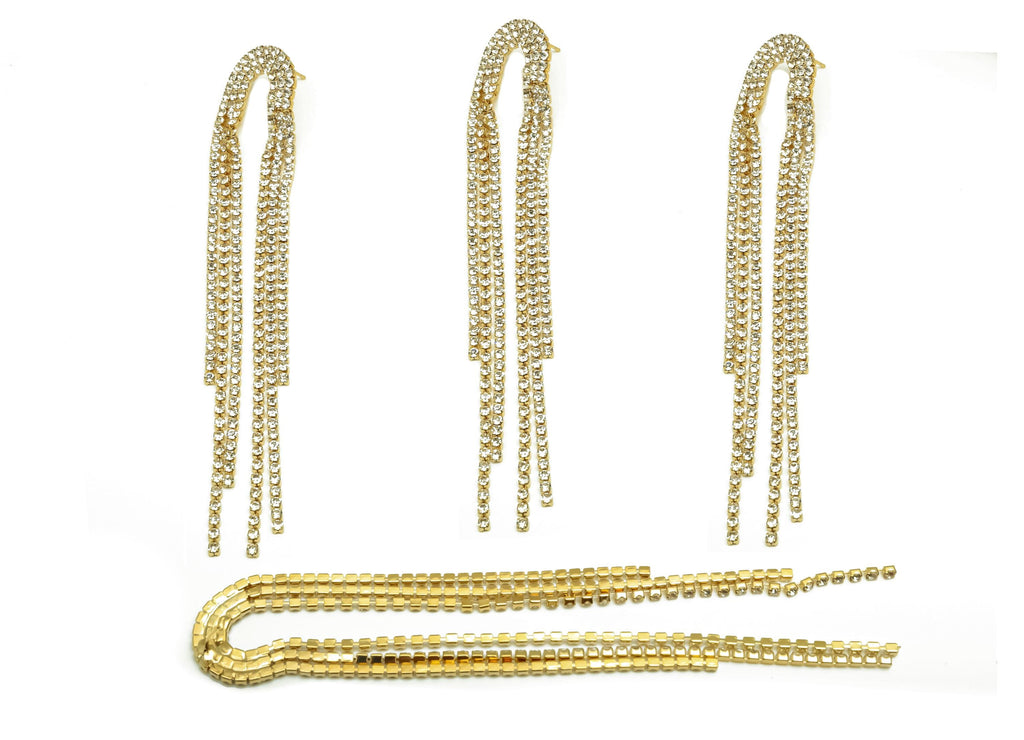 Brass CZ Earring Tassel Stud - Brass Bridge Tassel Earring - Cubic Zircon Earring Post - 18K Real Gold Plating - 121.48x20x2.14mm - RGP7558 - DOMEDBAZAAR
