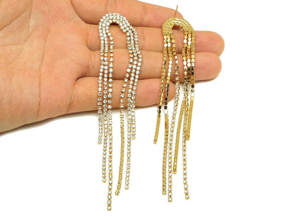 Brass CZ Earring Tassel Stud - Brass Bridge Tassel Earring - Cubic Zircon Earring Post - 18K Real Gold Plating - 121.48x20x2.14mm - RGP7558 - DOMEDBAZAAR