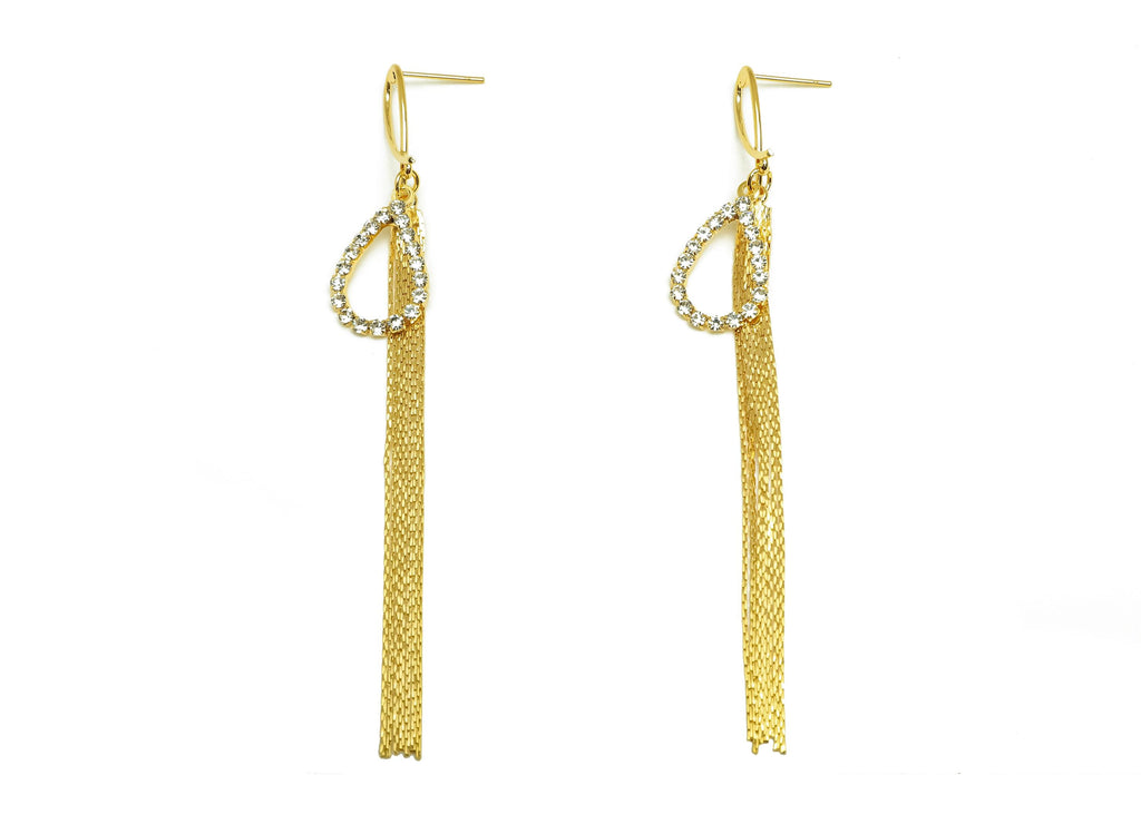 Brass CZ Earring Tassel Stud - Brass Tassel Teardrop Earring - Snake Chain Zircon Earring Post - 18K Real Gold Plating - 95x13x1mm - RGP7540 - DOMEDBAZAAR