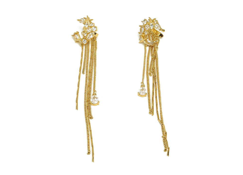 Brass Moon Star Ear Cuff - CZ Gold C Tassel Earring Cuff - Zircon Cartilage Cuff Chain Ear - 18K Real Gold Plated - 105x17x9.8mm - RGP7612 - DOMEDBAZAAR