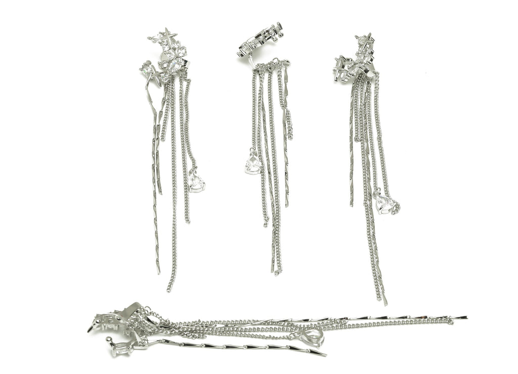 Brass Moon Star Ear Cuff - CZ White Tassel Earring - Zircon Cartilage Cuff Chain Ear - 18K Real White Gold Plated - 106x18.6x9.78mm- RGP7613 - DOMEDBAZAAR